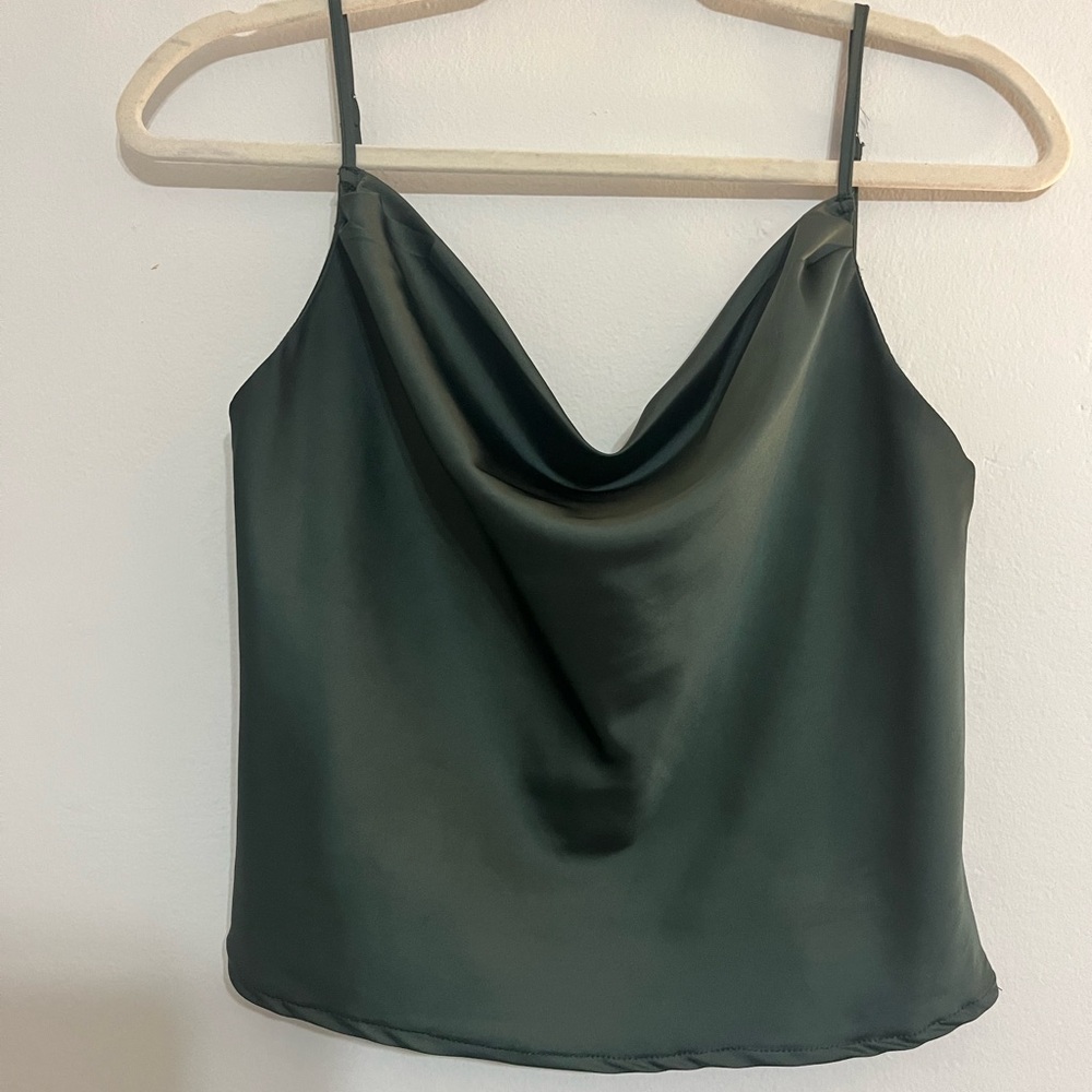 Green Satin Cowl Neck Top